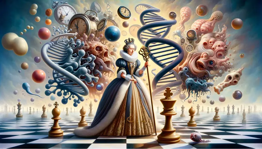 A Surrealistic portrayal of Queen Elizabeth I in a dreamlike landscape of epigenetics