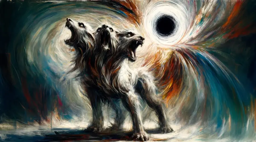 A neo-expressionist portrayal of Cerberus guarding a white hole