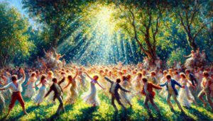 A wild outdoor celebration dedicated to quarks unique flavors and colors in the style of Impressionism