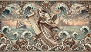 An Art Nouveau rendering of Noah warning of impending flood