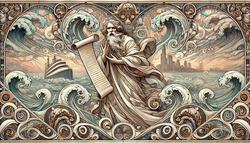 An Art Nouveau rendering of Noah warning of impending flood