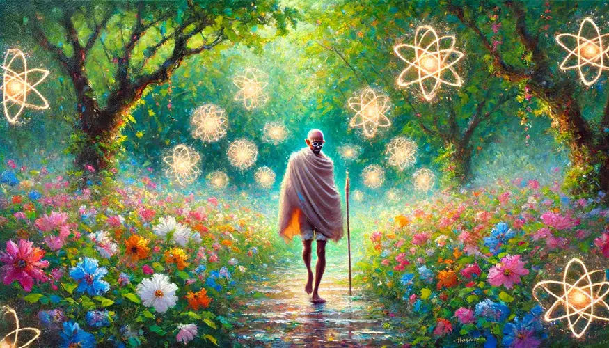 An Impressionist scene depicting Mahatma Gandhi walking through a serene garden with the strong nuclear force visualized as glowing orbs