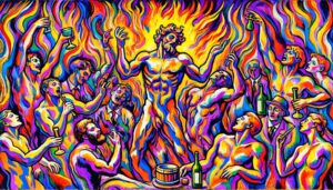 Dionysus in a vibrant and colorful scene of debauchery and forbidden frolics inspired by Fauvism