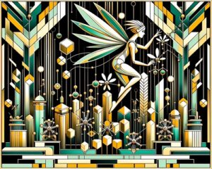 Tinker Bell in a futuristic nanotechnology laboratory in a decorative Art Deco style
