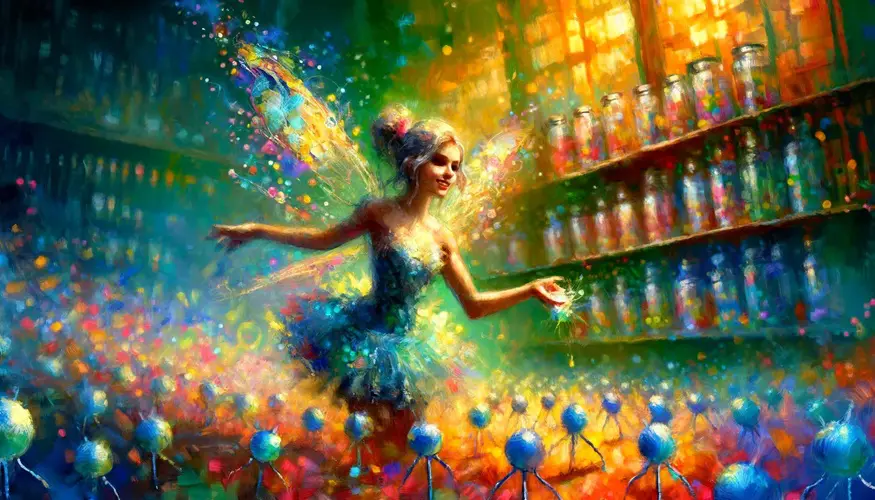 Tinker Bell in a lively laboratory filled with nanotechnology, in the style of Impressionism