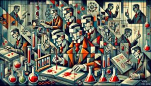 A Cubist-style depiction of Van Helsing in his bioinformatics laboratory