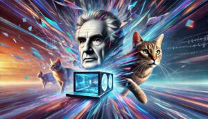 A Futurist depiction of Erwin Schrödinger surrounded by swirling qubits and a quantum computer