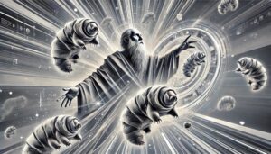A Futurist depiction of Job in a high-tech environment conducting tardigrade research