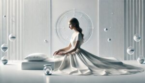 A Minimalist depiction of Sleeping Beauty in a serene setting, adorned with subtle time crystals