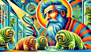 A Pop Art style depiction of Job examining tardigrades
