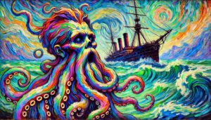 A Post-Impressionist image of Davy Jones in combat at sea