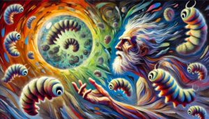 An Expressionist depiction of Job capturing his intense curiosity and wonder as he studies tardigrades