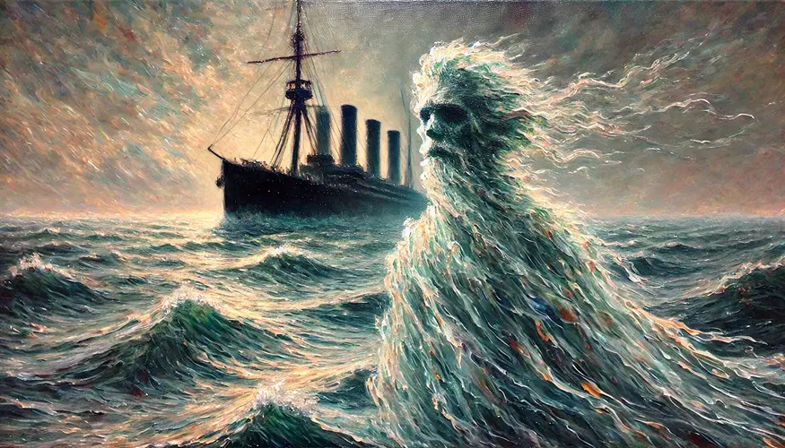 An Impressionist-style image of Davy Jones locking in on a ship