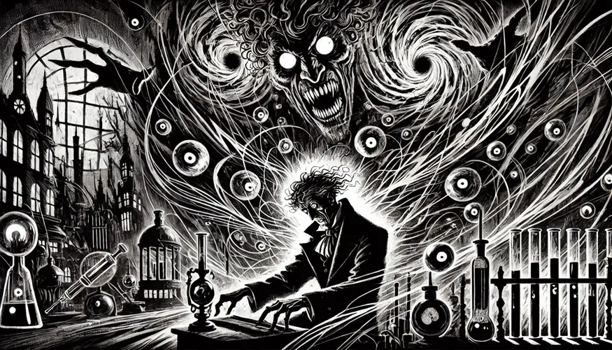Dr. Faustus engaged in quantum chemistry in his nightmarish laboratory, in the style of German Expressionism