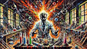 Dr. Faustus grappling with explosive quantum particles in a Neo-Expressionist style