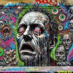 Macbeth's insomnia featuring his tormented expression, in the style of street art