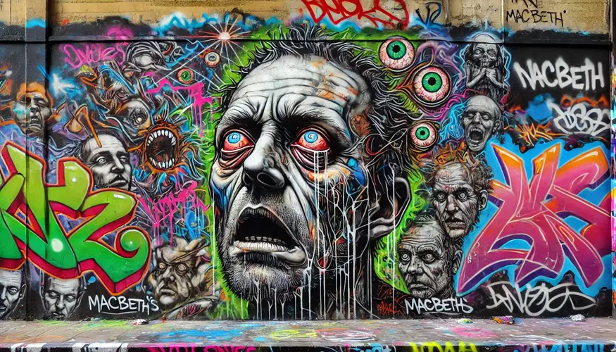 Macbeth's insomnia featuring his tormented expression, in the style of street art