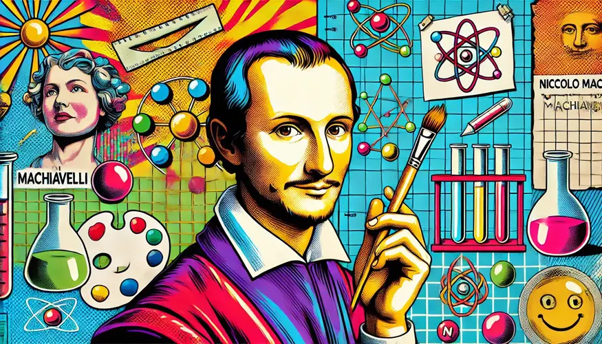 Niccolò Machiavelli surrounded by symbols of science and art, in the style of Pop Art