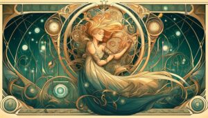 Sleeping Beauty surrounded by quantum time crystals, in Art Nouveau style