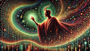 Mephisto attempts to observe branes in the cosmos, in the style of Neo-Impressionism