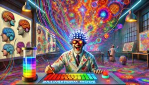 Vibrant laboratory-studio hybrid showcasing the fusion of science and art, with neural patterns translated into dynamic visual art using EEG technology
